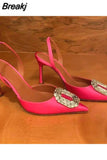 Buckle Strap Women Pumps Thin Heels Pointed Toe Designer Shoes Woman Spring Summer 2023 Rose Silk Dress Ladies
