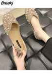 Crystal Pearl Studs Ballet Shoes Women Square Toe Slip on Loafers Cozy Shallow Cut-out Ballerina Flats Moccasins