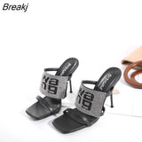 New Summer Sexy Fashion Letter Crystal Slip on Shoes for Women Slippers Square Toe High Heels Elegant Pumps Party