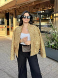 Shinny Sequin Women Cropped Jacket Stand Collar Long Sleeve Lady Solid Coat 2023 Autumn New Female Gold Street