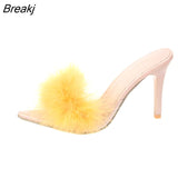 sexy feather woman slippers transparent perspex high heels fur stiletto peep toe mules lady slides shoes rose plus