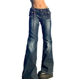 Y2K Low Rise Cargo Jeans Retro Denim Flared Pants Harajuku Women Denim Wide Leg Trousers Street Indie Aesthetic Jean