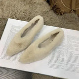 Toe Fur Ballet Flat Woman Shoes Winter Warm Plush Shallow Loafer Ladies Concise Furry Heeled Dress Shoes Zapatos