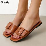 New Style Women Summer Slippers Buckle Strap Design Slippers Women Beach Flat Square Heel Lightweight Fashion Women