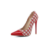 New Spring Autumn Women Plaid Pumps 34~47 Size Patent Leather Patchwork Cloth Shoes Dress Party Elegant Female