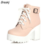 Boots Boots Women Round Toe Buckle Shoes Women High Heel Fashion Plus Size Square Heels Lacing 3 Colors