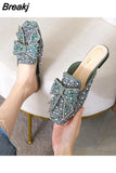 Women Square Toe Paillette Beads Mules Slippers Summer Shoes Womens Sandals Flip Flops Pearl Bling Glitter Slides Plus