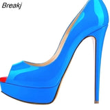 Sexy Peep Toe Platform Women Pumps 14cm Super High Patent Leather Heels Shoes Red Wedding