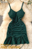 New Sexy V-neck Spaghetti Strap Sleeveless Mini Bodycon Dress Summer Women Slim Waist Drawstring Ruched Ruffles Party