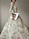 Elegant Floral Midi Dress Woman Evening Party 2023 Summer Beach Fairy Long Sleeve Sundress One Piece Dress Korean