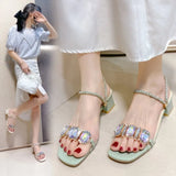 Rhinestone Sandals for Women Summer 2024 Square Heels Open Toe Slippers Woman Transparent PVC Jelly Sandal