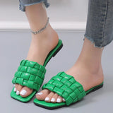 Weave Soft Slippers for Women Summer 2023 Orange PU Leather Beach Flip Flops Female Square Toe Flat Sandals Plus Size