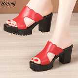 Platform Slippers Women Wedding Shoes Summer 2021 Leather Slippers High Heels Slides Ladies