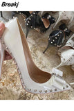 nude 12cm extreme high heels women shoes with bow rivets black red pointed toe shallow women pumps plus size MD002
