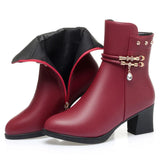 Winter Boots Women's High Heels Solid Color Fleece Warm Plus Size 42 Outdoor Anti-Skid Middle Boots Botas Mujer