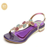 New Summer Leather Women's Sandals, Diamond, Low-Heeled Crystal Slippers, Toe Slippers, Thick Heels, Flower
