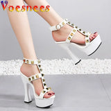 Rivet Women Slides Summer Pumps T-Belt Hollow Out Sexy Pole Dancing Shoes Thick Platform Models High Heels Sandals