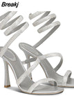 Style Sexy Snake Straps Women Sandals Summer 2023 Luxury Brand Thin Heeled Sandals Rhinestone Fashion Elegant Female