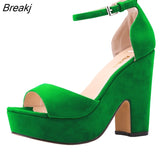 Summer Ankle Strap Sandal 12cm Women Pumps Sexy Peep Toe Square High Heels Woman Shoes Flock Platform Wedding