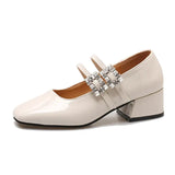 New Women's Mary Janes Shoe High Quality Leather Pumps for Women Square Toe Shallow Buckle Strap Ladies