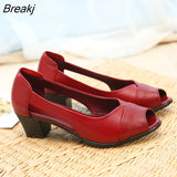 Genuine Leather Comfortable Ladies Mid Heel Sandals Women Shoes Hollow Peep Toe Square Heel Sandals Woman