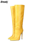 Custom Colors Pointed Women High Heel Boots Solid Color Crocodile Pattern Fine Heel Rubber Sole Madam Shoes Botas
