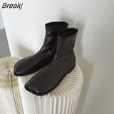 Spring Rock Shoes Flat Heel Zipper Boots Women Ladies Ankle Leather Rubber 2023 Soild Fabric Square Toe Zapatillas