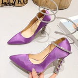2023 New Fashion Crystal Ankle Strap Women Pumps Purple Silk Pointed Toe Rhinestone High Heels Party Banquet Stiletto