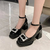 red High Heels Platform Pumps Women's Square Toe Thick Heels Mary Janes Woman pu Leather High Heels Shoes Party