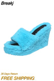 Size High-heeled Furry Slippers for Women's Autumn Winter 2023 New Open-toed Fashion Slope Loafers Fur Slippers