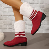 Winter Fur Warm Snow Boots Women Fashion Pearl Thick Heels Mid Calf Boots Woman Christmas Thicken Plush Cotton Padded