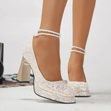 New Sequin Gold Pumps Women Party Wedding Blingbling Glitter High Heels Shoes Ladies Thick Heels Pearls Strap Banquet