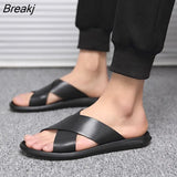 Summer Beach Slippers Men Shoes Black Flat Leather Summer Shoes Holiday Male Footwear Non-slip Brand Man Slippers