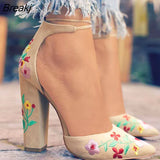 Women High Heels Plus Size Embroidery Pumps Flower Ankle Strap Shoes Female Two Piece Sexy Party Wedding Pointed Toe