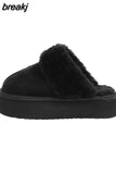 35-43 New Fashion Winter Plush Cotton Slippers Women Flats Shoes Platform Casual Home Suede Fur Warm Slingback Flip