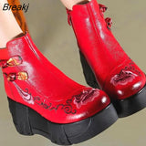 Handmade Genuine Leather Women's Boots Round Toe Retro Thick-soled Wedges Ankle Boots Embroidered High-heeled Boots