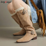 High Quality Pleated Boots Women Black Nude Faux Suede Flock Knee High Boots Ladies Flat Autumn Winter Dress Shoes size