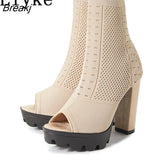 Fashion Square High Heels Knitted Stretch Fabric Ankle Socks Boots Femme Peep Toe Slip-On Platform Shoes For Women