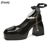 Plus Size High Heel Shoes for Women 2023 Autumn Pearl Chain Thick Heel Mary Jane Shoes Pumps Fashion Platform Dress