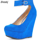 Women Shoes Flock Buckle Bowtie Ankle Strap High Heels Sexy 14cm Platform Wedges Female Pumps Red Wedding
