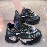 Print Chunky Sneakers Women 2023 Thick Bottom Platform Ladies Sports Shoes Street Fashion Pearl Rhinestone Dad Shoes