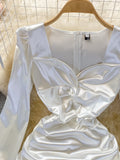 New Celebrity Sexy Square Neck Satin Dresses Long Sleeve Women White Hip Wrap Slim Pleated Mini Short Dress