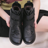 Genuine Split Leather Ladies Ankle Short Boots Soild Flat Flower Round Toe Plush Platform Women
