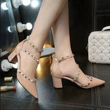 Women's Shoes High Heels Square Summer 2023 Pointed Toe Sandals for Woman Heeled Rivet Footwear Red Closed Pumps Designer