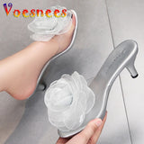 Three-Dimensional Flowers Slippers Summer Transparent Sandals Beach Shoes Thin High Heels Walk Show Crystal Party Women