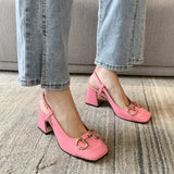 New Style Women Matte Thick Heels Soft Pumps Summer Sandals Woman Retro Fashion Metal Buckle High Heels Lady Dress