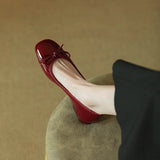 Bowknot Square Head Shallow Mouth Flat Bottom Low Heel Single Shoes 2023 Spring And Autumn New Lacquered Leather Women's Shoes Wedding