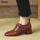 Retro Knitted Slim British Leather Shoes Square Toe Lace-up Deep Mouth Single Shoe Thick Heel High Heels Women 34-39