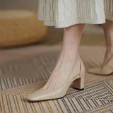 Summer Women Pumps Solid Thick High Heels Female Shoes Hollow Square Head Retro Slip on Heels Women Dress Tacones