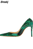 green printed party wedding shoes ladies pumps womens heels shoes fashion 12 cm stilleto pointed toe heels QP015